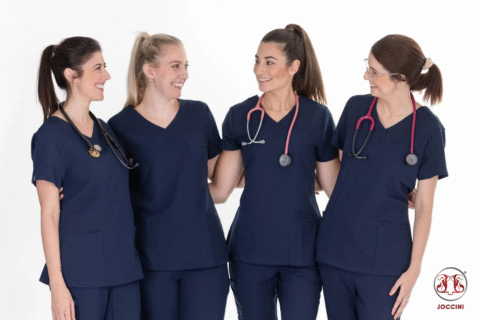 Doctor and nurse wearing eco-friendly medical scrubs made from recycled materials, standing in a hospital hallway
