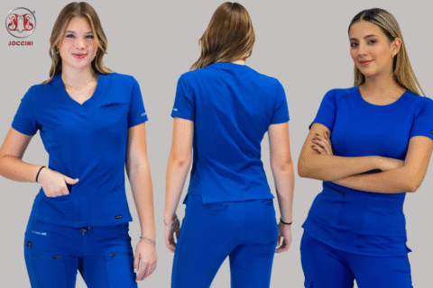 Stylish female nurse wearing modern jogger-style best scrubs in a hospital hallway, 2025 fashion trend