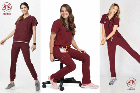 Diverse group of healthcare workers with different body types wearing scrubs tailored to their shape.