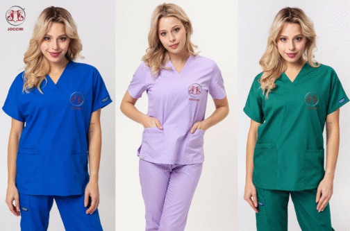 Hospital staff wearing various colored scrubs (light blue, green, red, black) representing different roles and departments in a modern medical facility.