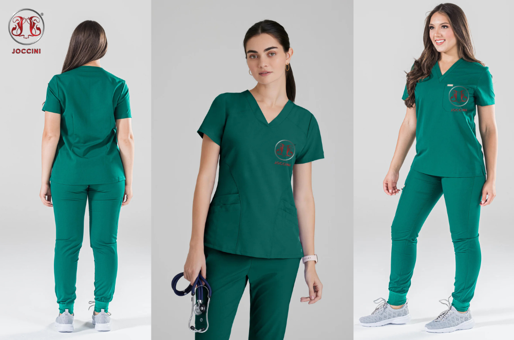 Doctors and nurses wearing green scrubs in a modern hospital operating room